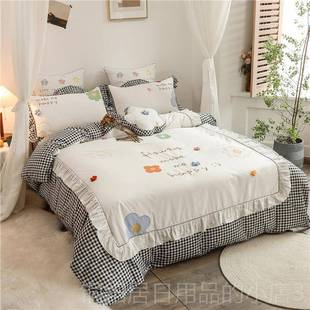 高档网红四件套用公花主风格褶皱蕾棉丝被套纯棉少女心床上品4件