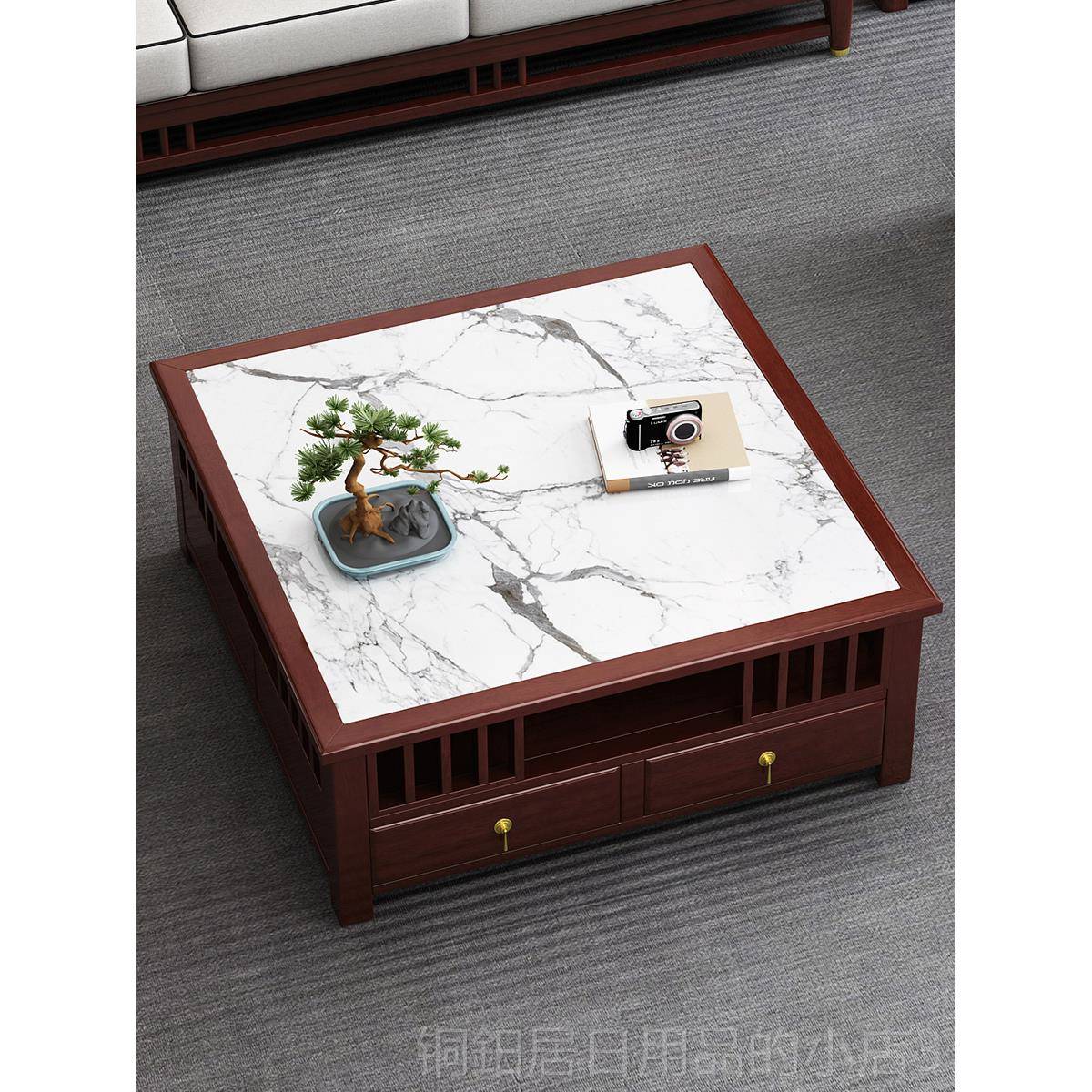 高档新中式实茶几岩木板小茶桌客厅正轻奢紫檀色方形几茶大小户型