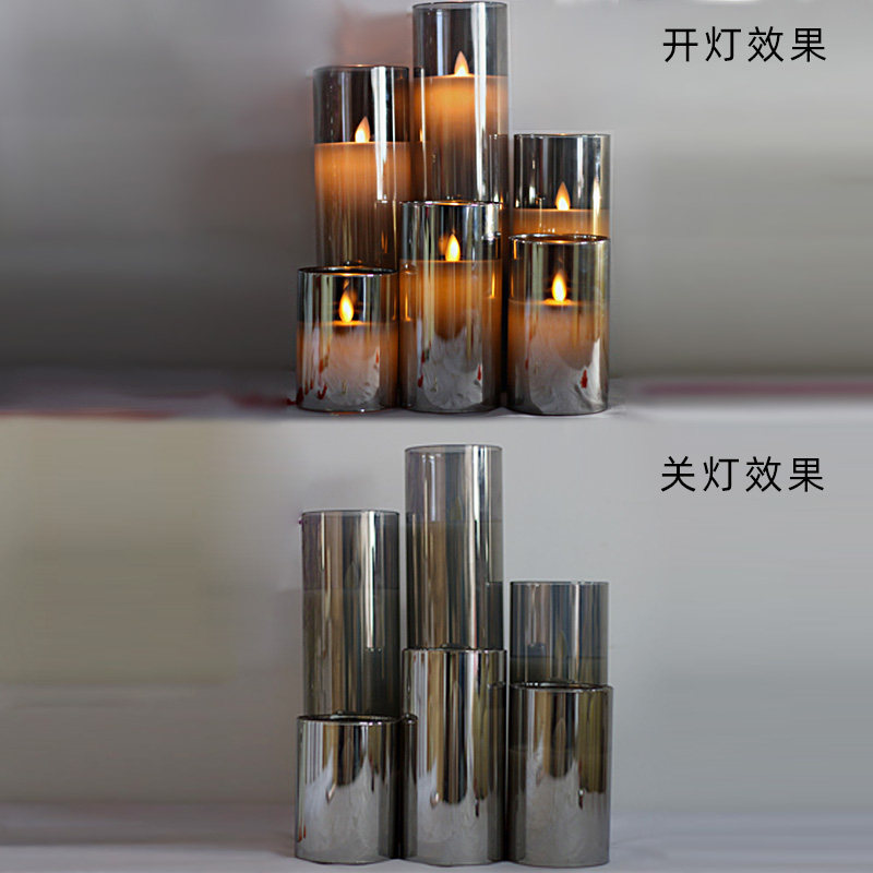 玻璃杯罩一体式LED充电款电子蜡烛灯烟灰色灯芯摇摆浪漫氛围