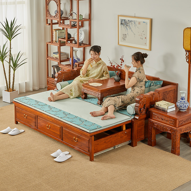 老榆木推拉罗汉床推拉床中式实木小户型伸缩两用沙发客厅抽拉式榻