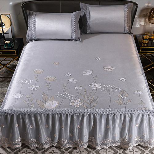 高档床裙款冰丝凉席三件套夏季蕾丝1.8m床罩空调软席子可拆卸水洗