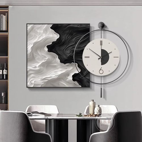 高级感餐厅钟表画抽象艺术黑白客厅装饰画带挂钟简约现代饭厅时钟