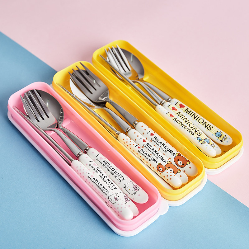 卡通瓷把不锈钢旅行餐具筷勺叉子三件套中小学生儿童便携餐具套装