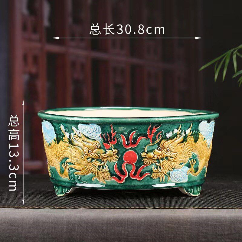 宜兴紫砂浮雕龙花盆多款可选有圆形长方四方花盆绿植栽培盆景盆