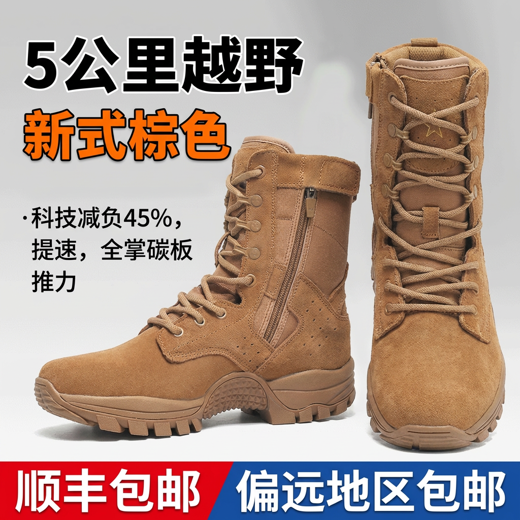 新式棕色作战训靴男夏季网面透气工装鞋侧拉炼超轻高筒战术训练