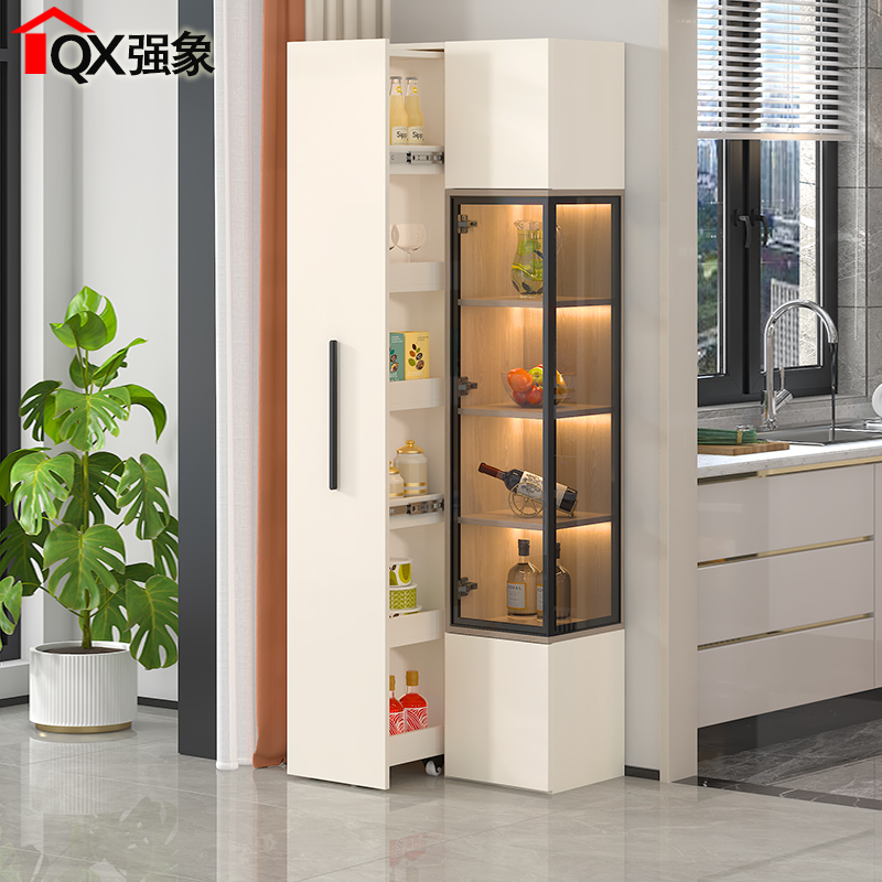 奶油风餐边柜酒柜一体靠墙玻璃门角柜墙角柜展示柜家用夹缝柜S39