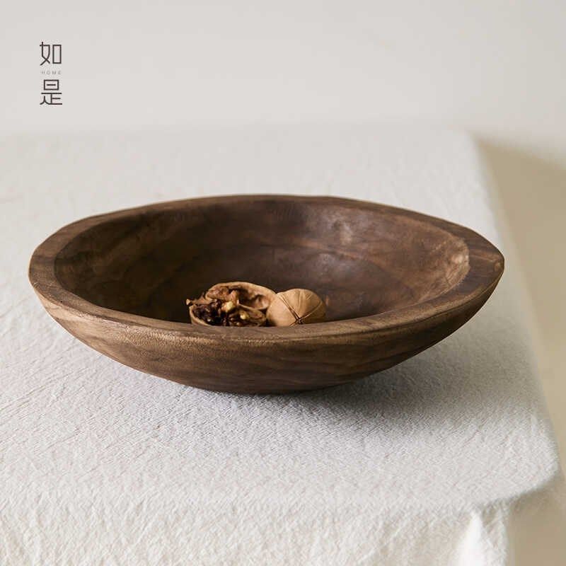 如是侘寂风复古果盘托盘实木盘子木制水果盘果盆民宿圆形装饰摆件