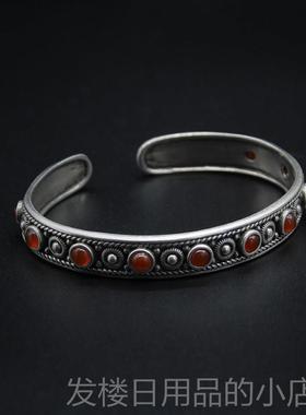 正品民风9族25纯牧银手镯覆古款口开藏族特色做旧手环游草原风蒙