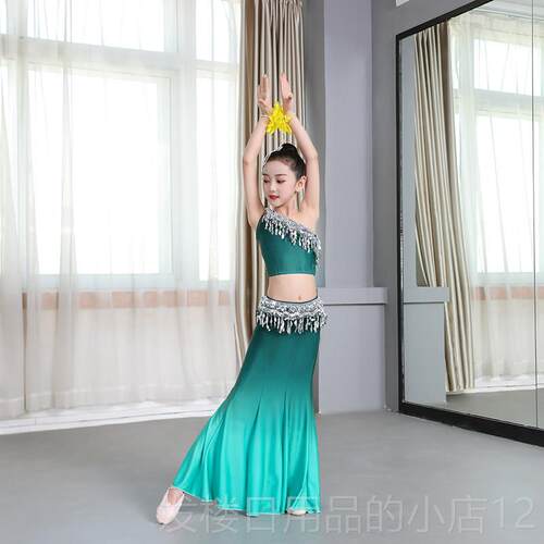 正品傣族舞裙蹈演身出服儿女童童艺考练功孔雀舞蹈表演服修包臀鱼