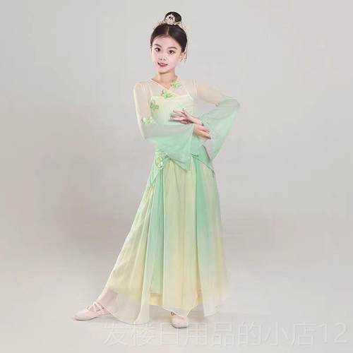 正品儿童古典舞服长服版中国舞演出套装练蹈功服女童飘逸仙气纱衣