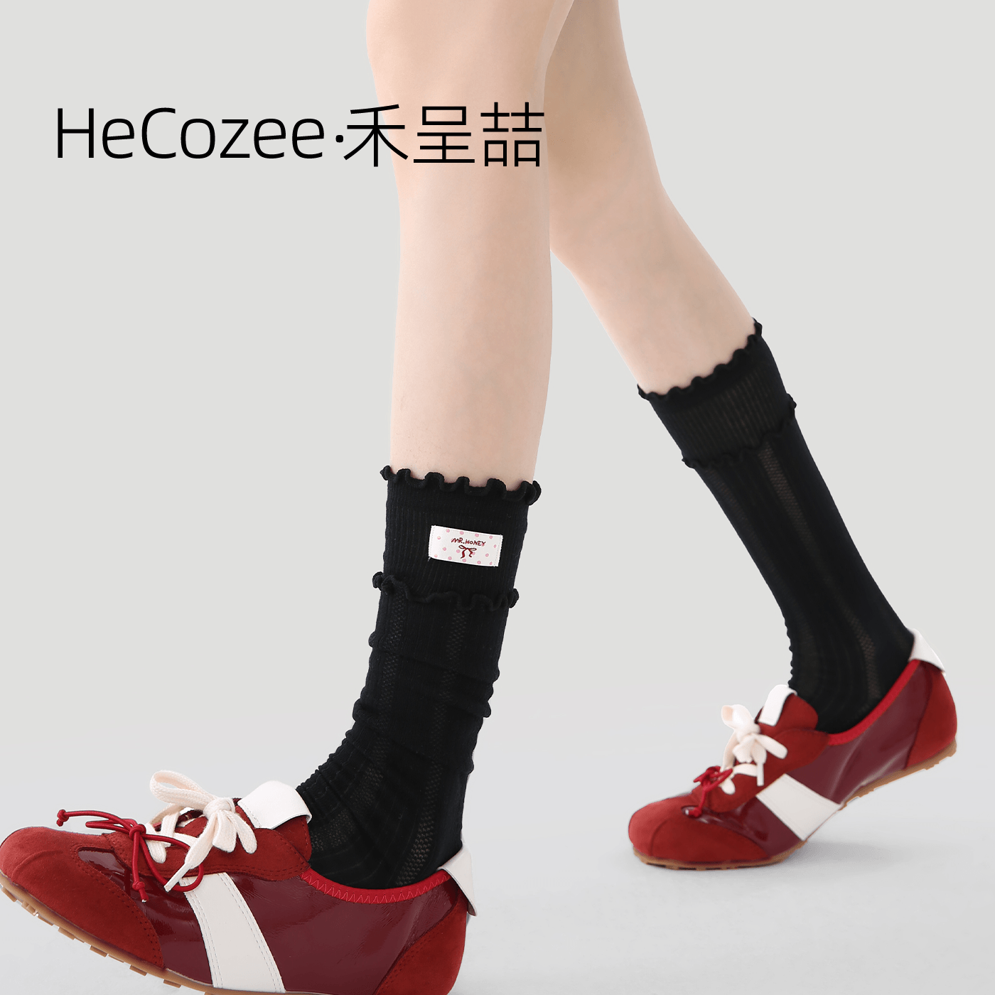 HeCozee/禾呈喆袜子女春夏新款黑白花边公主袜贴布字母显瘦小腿袜