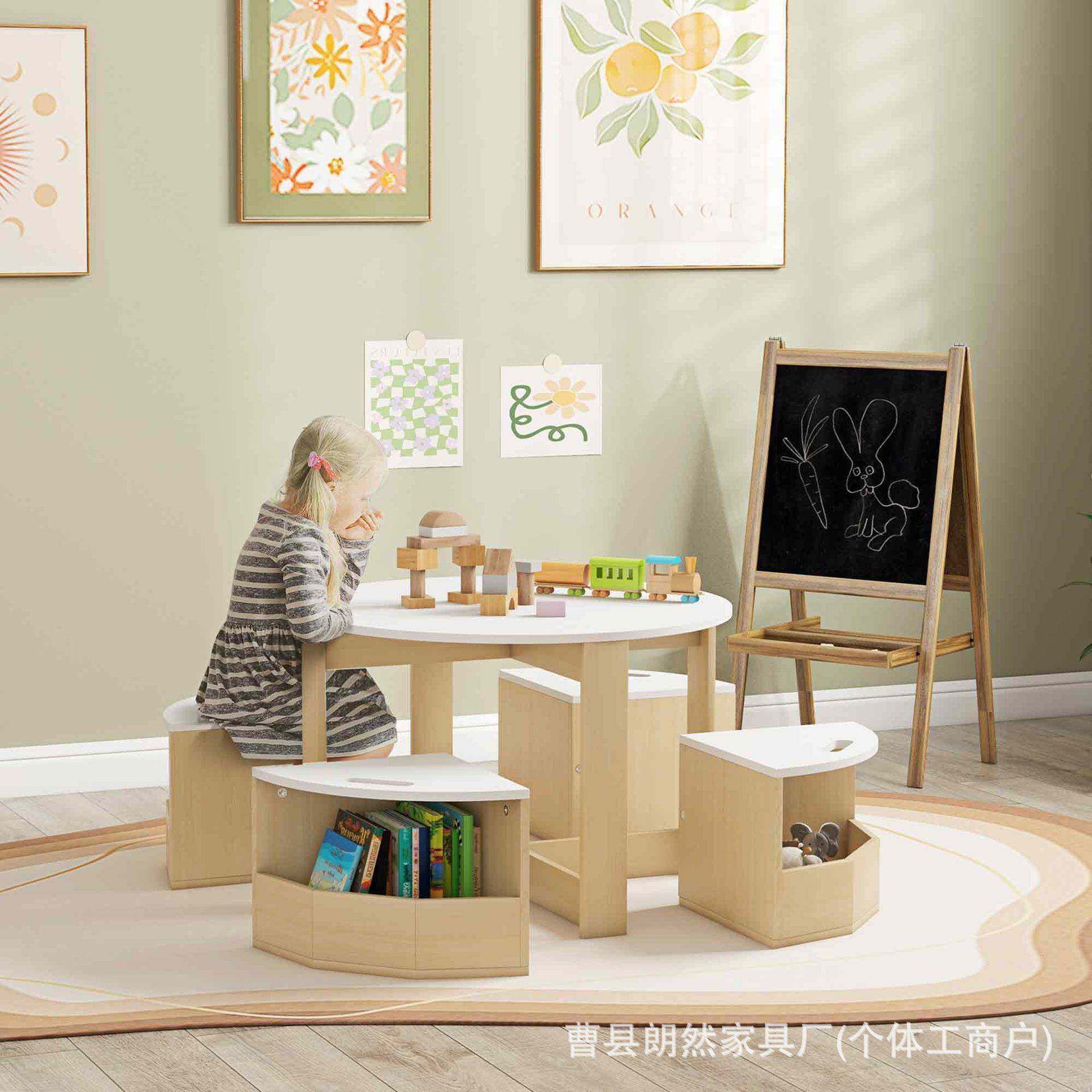木玩儿童桌椅套装带玩具偶收纳凳幼儿园木制儿童子绘画孩玩耍制成