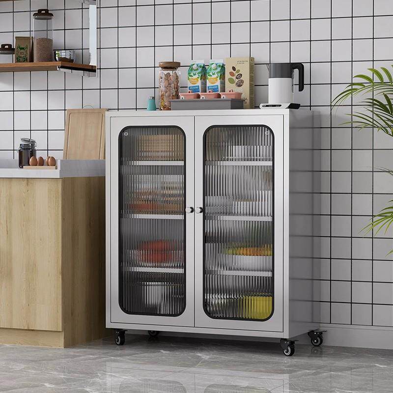 30收4加厚锈钢餐边厨柜储物柜碗柜双门玻璃多不功能纳柜577家用橱