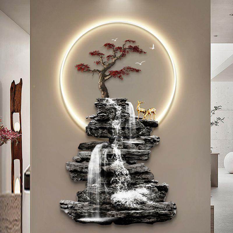 流水生财入户玄装饰画迎客松招HRT财楼梯灯壁画新式挂走关廊中过