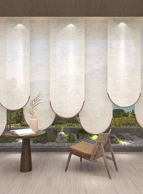 宋ZBT式美卷学纯色亚麻实造型窗帘遮光电帘挂帘动新中木式隔断屏