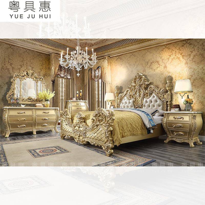 欧式床双人床欧风格大床金法式宫廷式实木雕花香尘槟灰BYG漆做旧