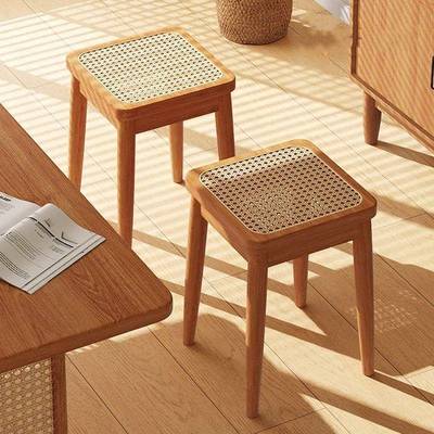 实木编凳可子家用放中藤古方凳叠餐LEP桌板凳备用透气餐凳简约高