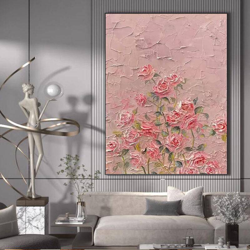 纯手绘油画色粉玫瑰房客花厅卧室装饰画立体石英砂肌理画EKD儿童
