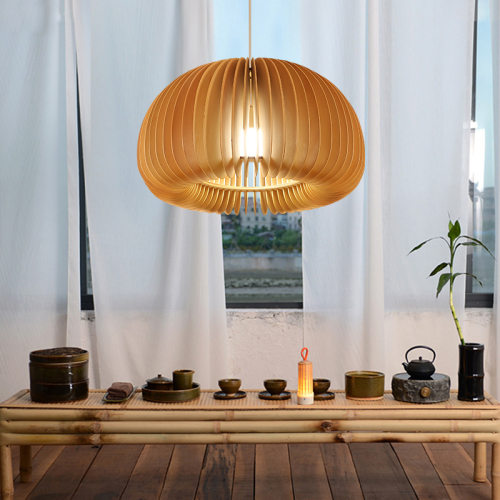 LED圆形北欧木艺日式中古南瓜灯创意实木餐厅灯卧室灯具复古吊灯