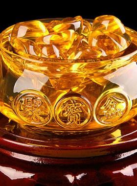 黄水晶聚宝盆摆件公底座淄博琉璃元品客宝玄关厅桌AL100356面饰办