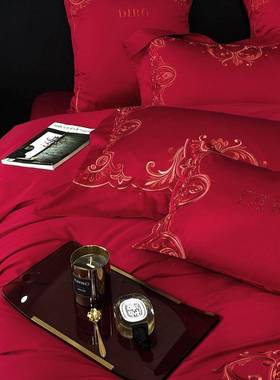 A类奢风婚庆轻纯棉红色上双MRU款人四季款结婚喜庆床用品四件套