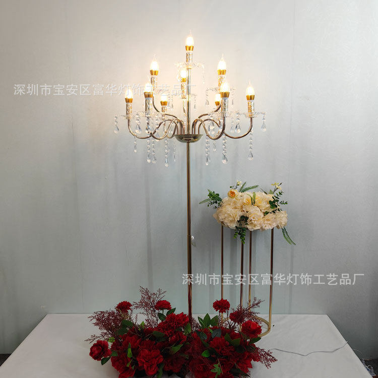婚礼婚庆舞台布置道具铁艺电镀金色多头水晶路引立式T台装饰灯