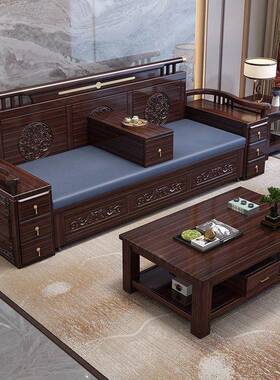 紫金木新中式罗XKG汉床拉推抽拉式檀雕一花家用实木沙发床体两用