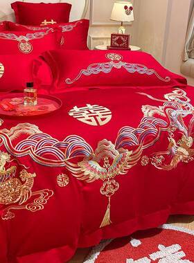 高式龙凤结婚中四件套大红色床单床档被VEL笠套刺绣喜被婚庆床上
