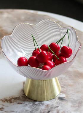 奢描莲边ZIE花语玻璃果盘果碟摆件轻新中式金金属高脚艺术花碗装