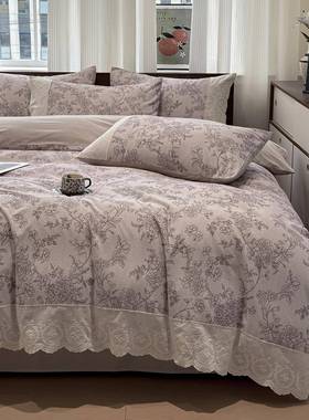 复古风纯棉磨毛上四件套蕾丝花边全棉套床笠法式加家厚南床jingji