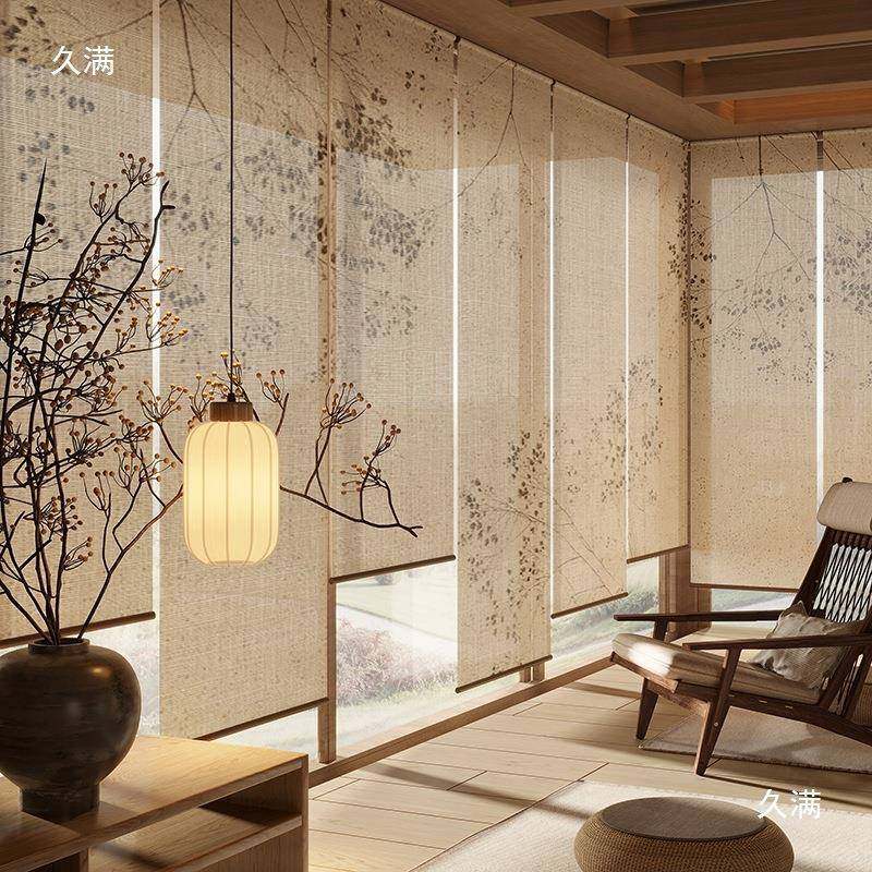 新中式卷帘窗帘升断降光办公屏风软室隔遮半透明竹子宋氏美学t$*&