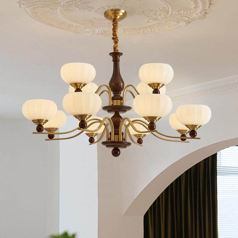 中古风吊灯客厅全铜实桃灯具木式胡约色新中式餐厅卧室简吊美复古