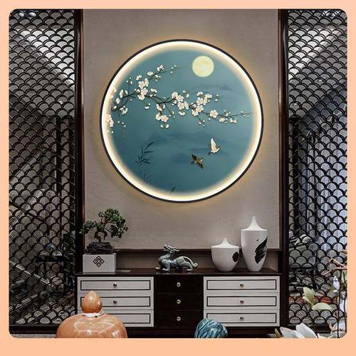 ?喜上眉梢式圆形饰画梅花图客厅玄关挂画L餐ED灯画F767T56J卧中装