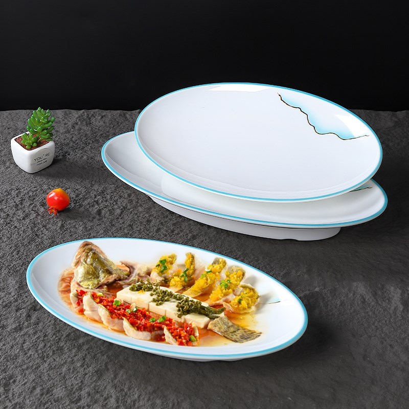 密胺椭圆盘餐厅仿瓷高脚盘商用大号鱼盘饭店特色商用餐具热菜餐盘
