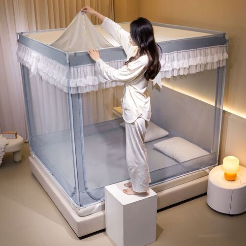 新款防蚊防尘全底拉链坐床蚊帐三开门加密方帐卧室家用厚烤漆支架