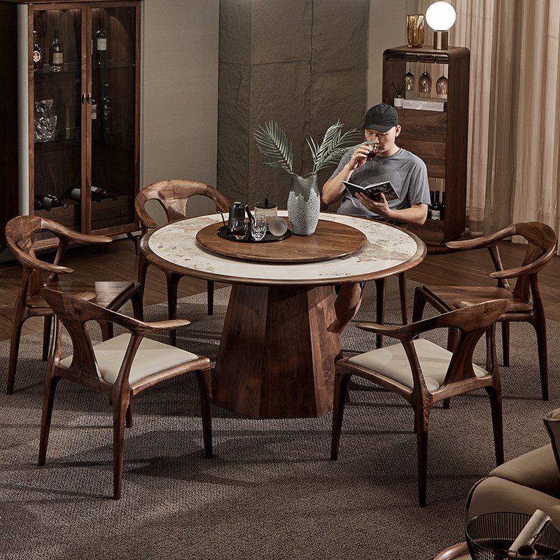 北美黑胡桃木全实木餐桌简约家用岩板1.5米圆形大桌子带转盘饭桌