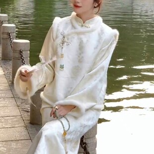 新中式国风冬装搭配一整套富家千金名媛风白色马甲旗袍连衣裙套装