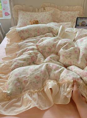 A类韩式清新小碎花全棉双层单纱花三四件套亲肤77132床套宿边被舍