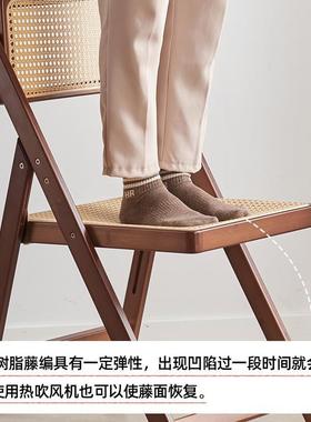 日式编折叠吃椅子ZT-ZDCY2客厅家用餐椅带藤靠竹背制便携饭椅原木
