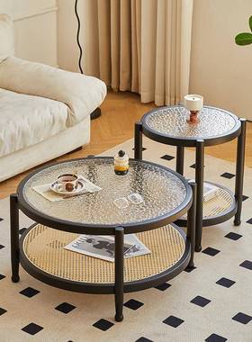 my实木圆形玻璃茶001几边厅家用小户型约几藤编客简约茶台简黑色