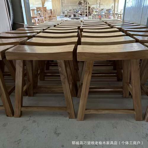 桌老榆木元宝凳围炉煮茶四脚L12323凳家面用实茶木矮凳饭店凹坐凳