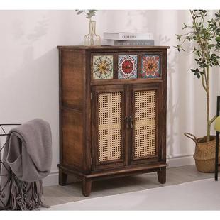 中式 复古实木餐边柜靠藤编储物柜客厅墙备柜餐FG门斗带柜玄关茶水