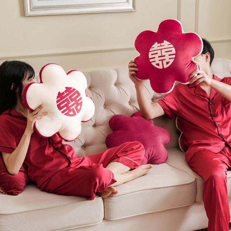 喜色字结婚靠抱枕一对花朵婚庆婚房靠枕红装饰床上客囍10104749厅