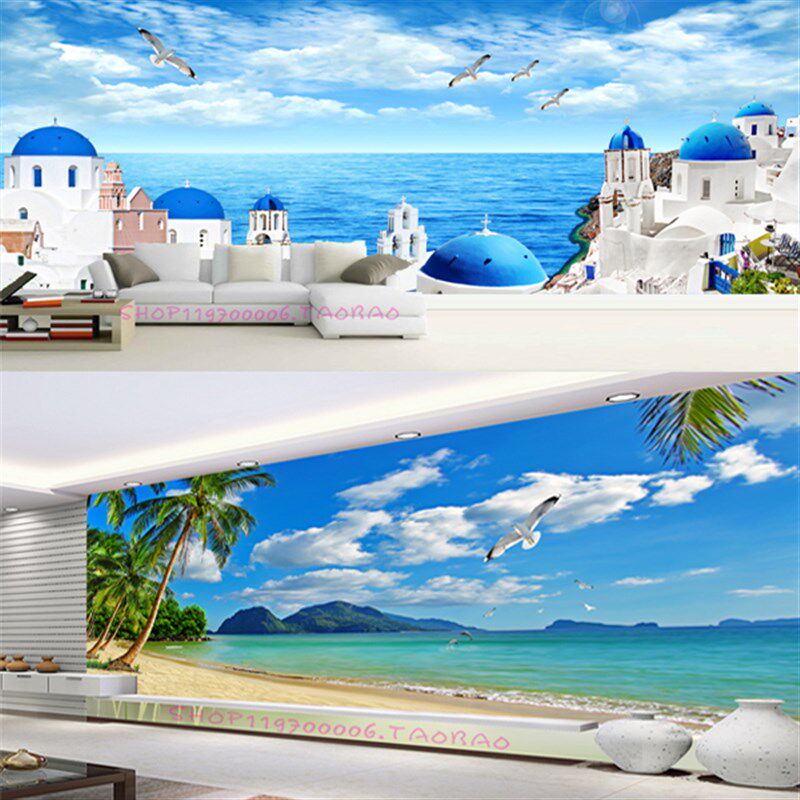 3d客厅电视背景墙全屋定制墙贴装饰画无缝长款海景沙发墙壁画墙纸