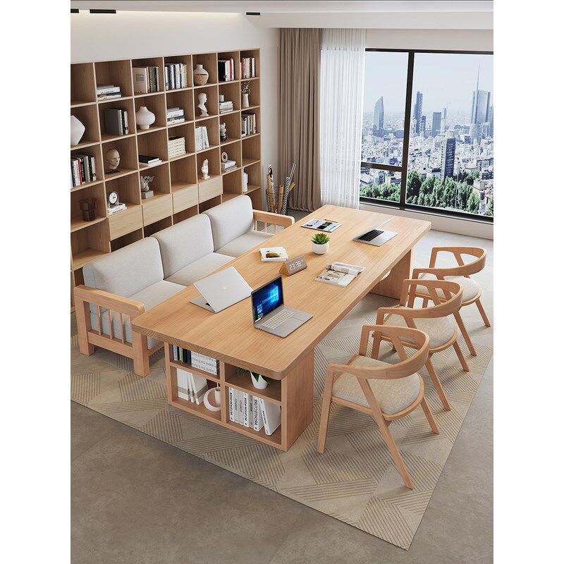 实木电脑桌简约现代客厅大书桌书柜一体学习桌家用工作台会议长桌