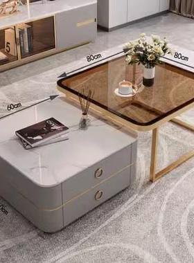 轻奢方形玻璃茶几岩板客厅用简约意小户型轻奢代创现可收TGI缩茶