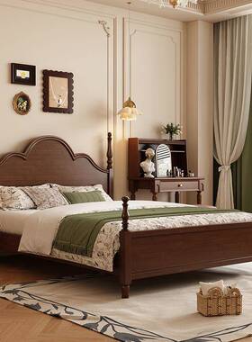 双床法式复AOE古美式床现代风简约古实人床木床1轻奢5m中婚黑色胡