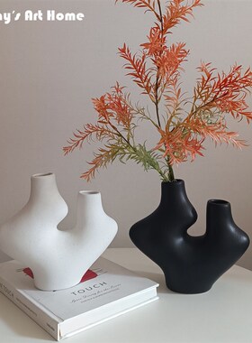 现代侘寂花瓶个性中古陶瓷花器民宿书房桌面客厅电视柜装饰摆件