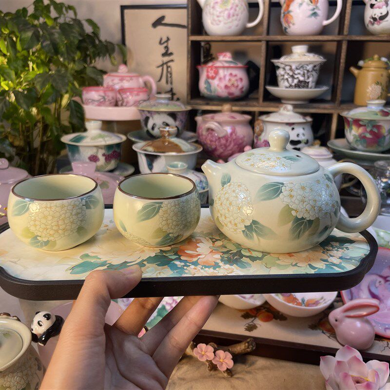 陶栖绣球花茶壶茶杯高档功夫茶具套装家用客厅办公室会客陶瓷