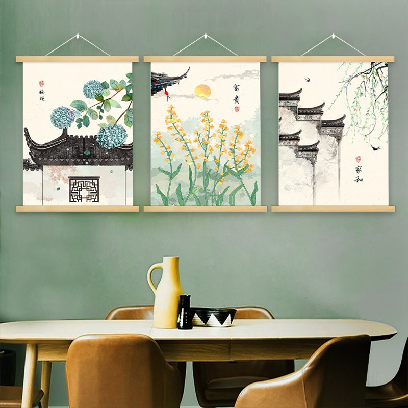 中式餐厅布艺装饰画客厅墙面装饰挂画民俗风电表箱遮挡画荷花墙画